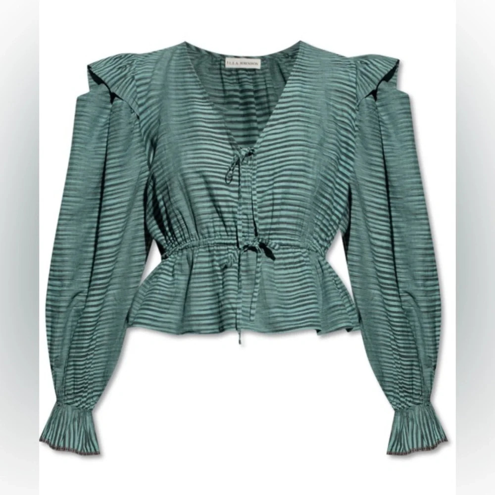 Ulla Johnson Ophelia Ruffle Tie Blouse Stripe Green Size 2 - Picture 2 of 7